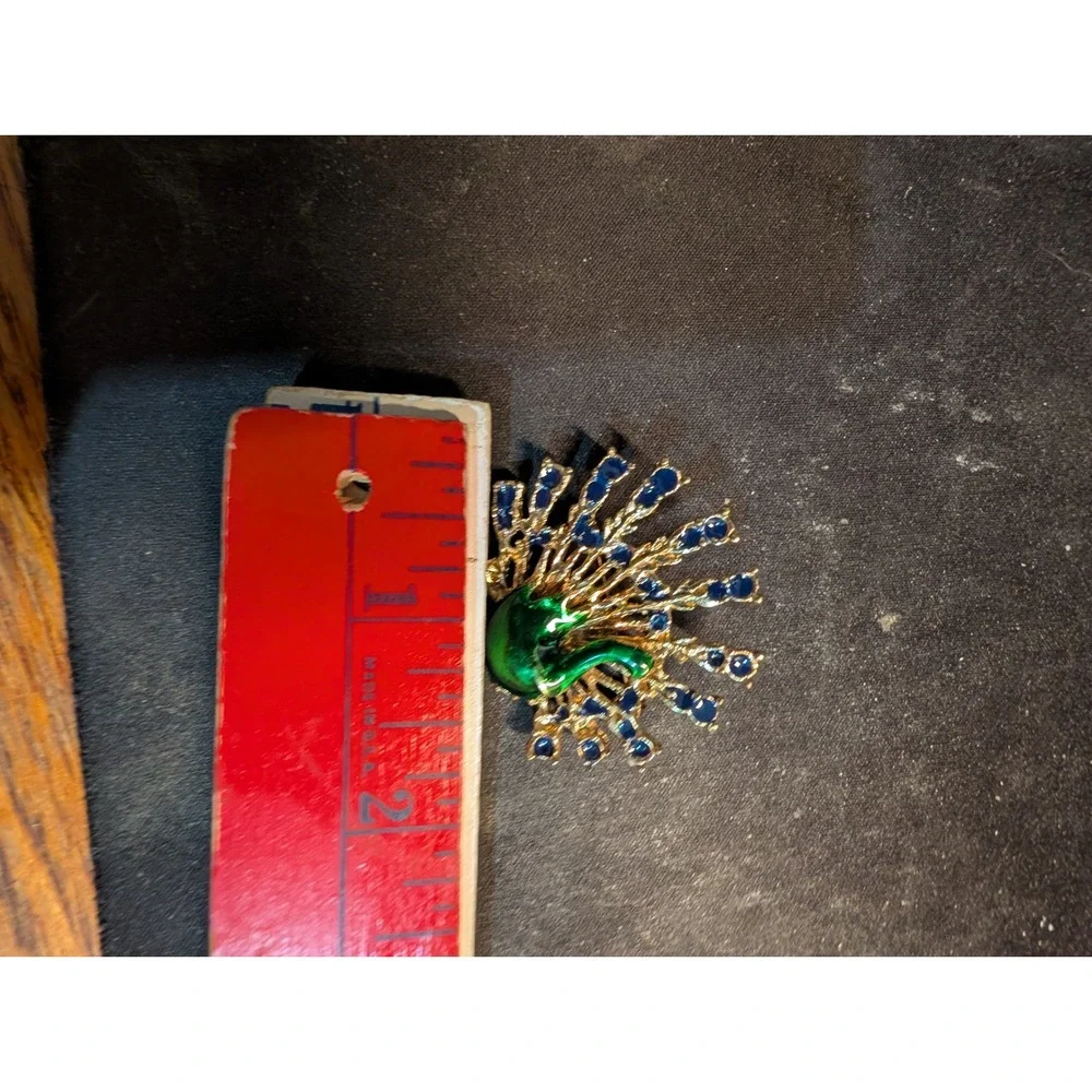 Vintage Peacock Brooch Gold Tone Green Enamel Blue Rhinestone Animal Pin